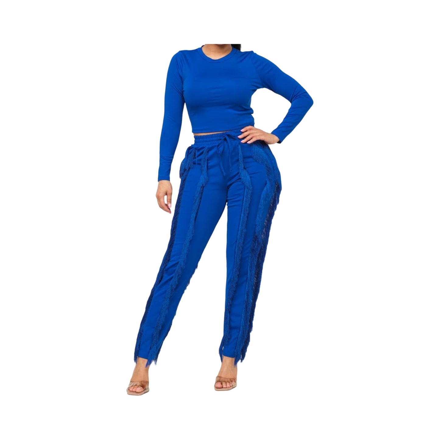 Solid Round Neck Top & Fringes Detail Pants Set