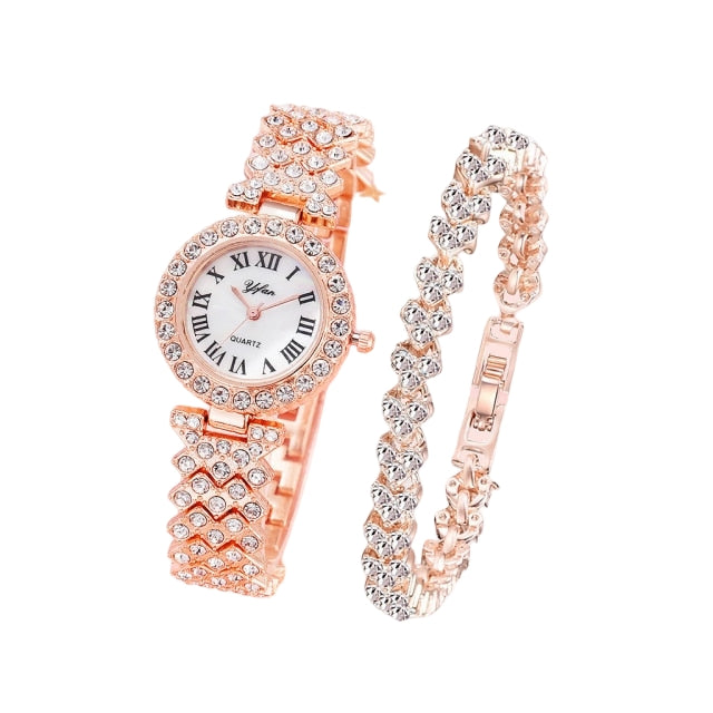 Women Rose Gold Watch bracelet 2pcs Set