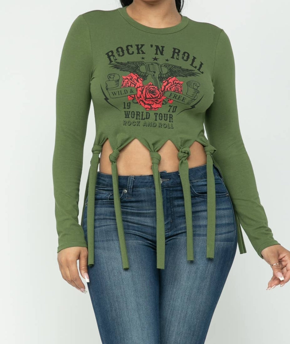 Screen Print Fringe Bottom Ties Crop Top