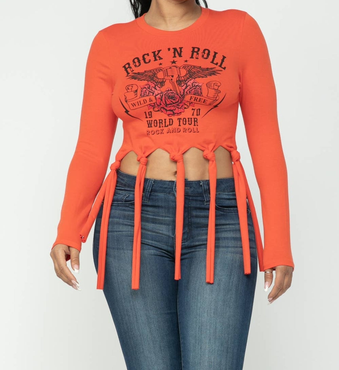 Screen Print Fringe Bottom Ties Crop Top