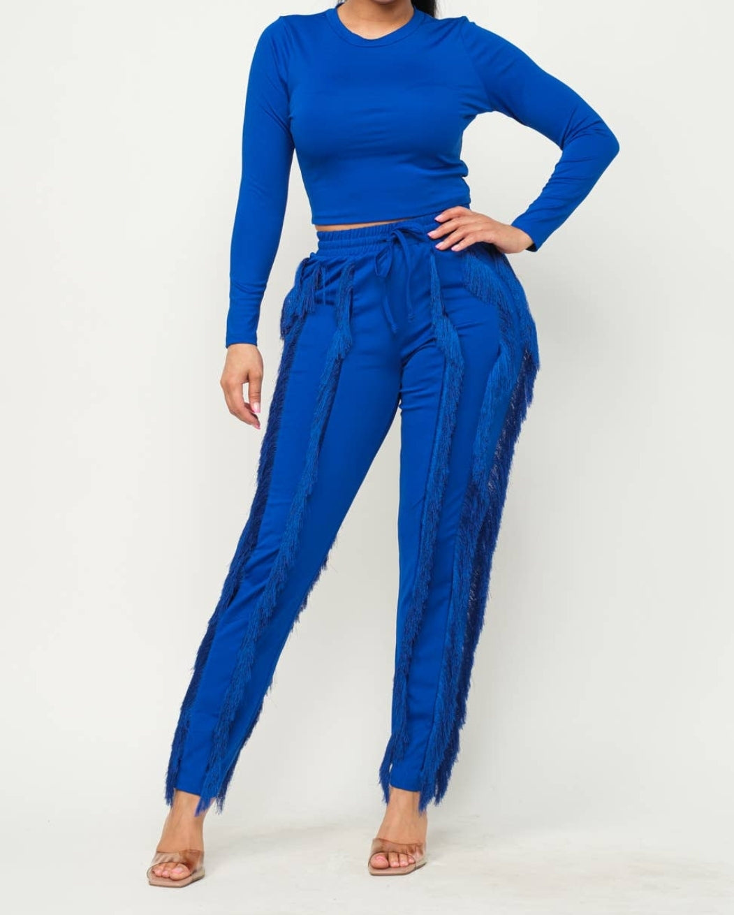 Solid Round Neck Top & Fringes Detail Pants Set