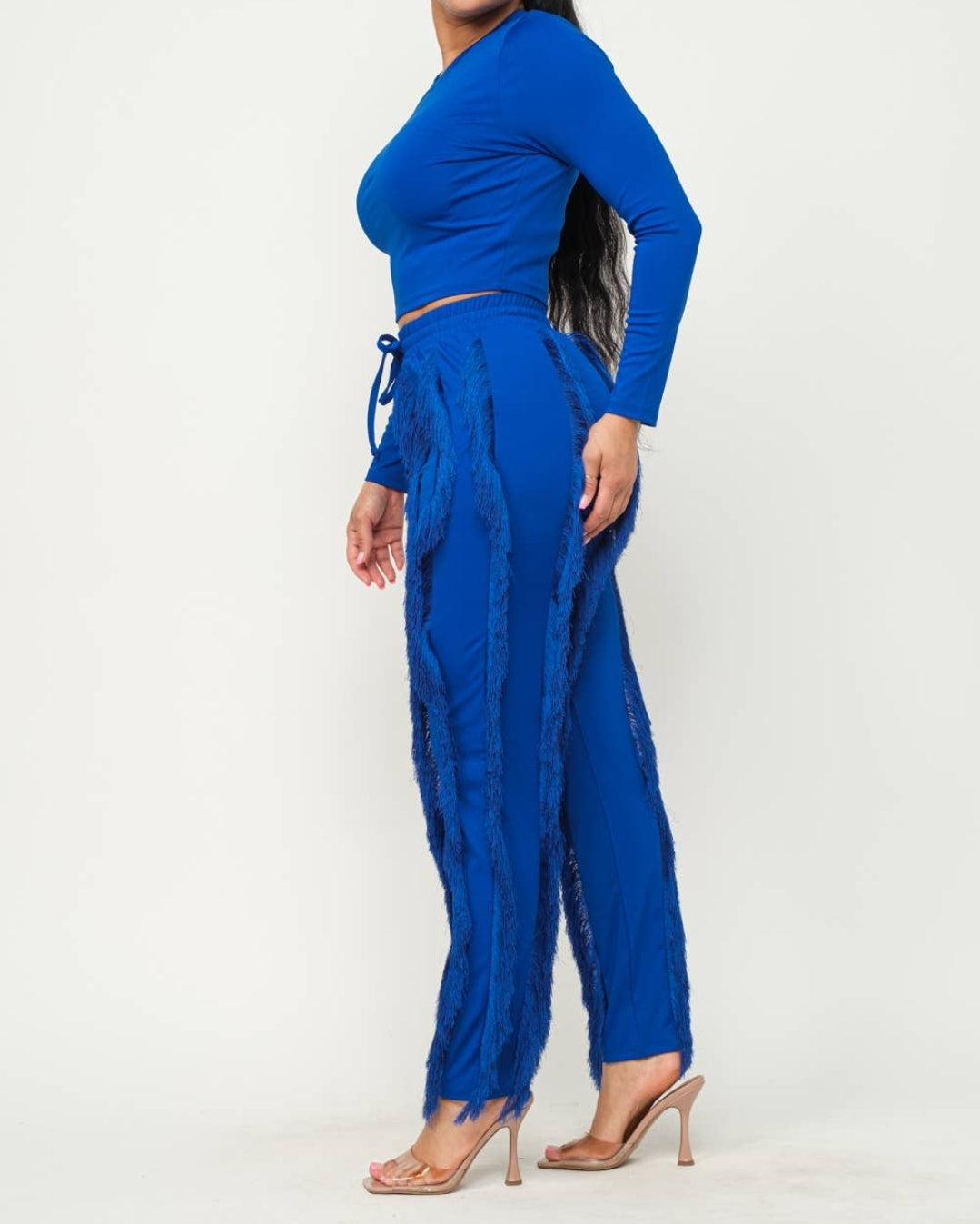 Solid Round Neck Top & Fringes Detail Pants Set