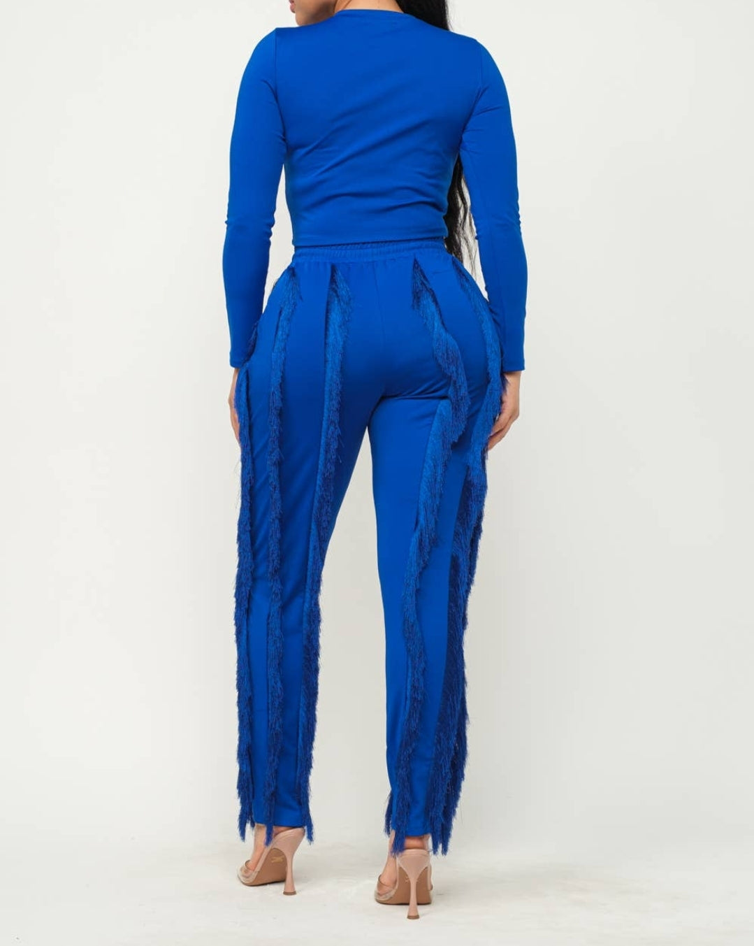 Solid Round Neck Top & Fringes Detail Pants Set