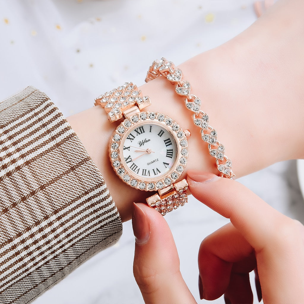 Women Rose Gold Watch bracelet 2pcs Set
