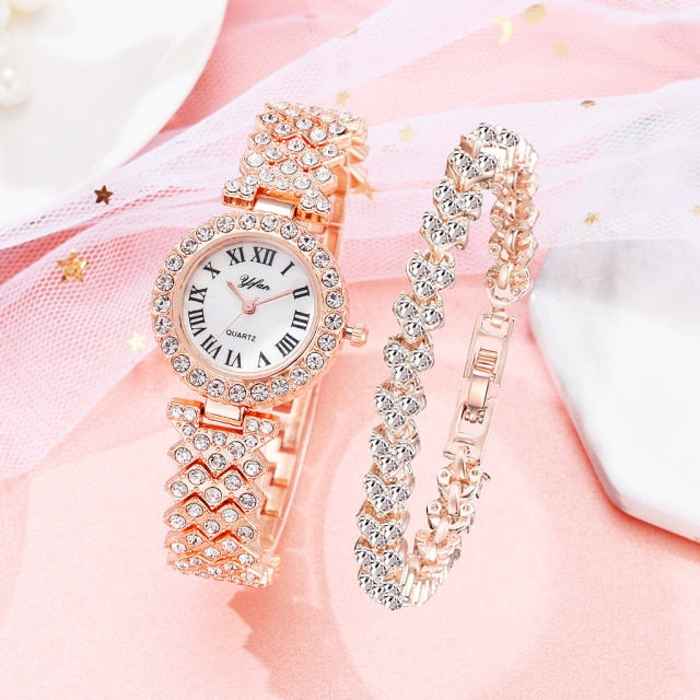 Women Rose Gold Watch bracelet 2pcs Set