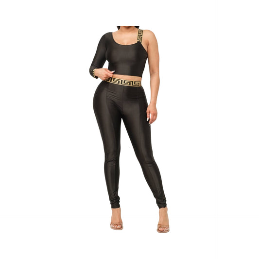 One Sleeve Band Trim Top & Leggings Set