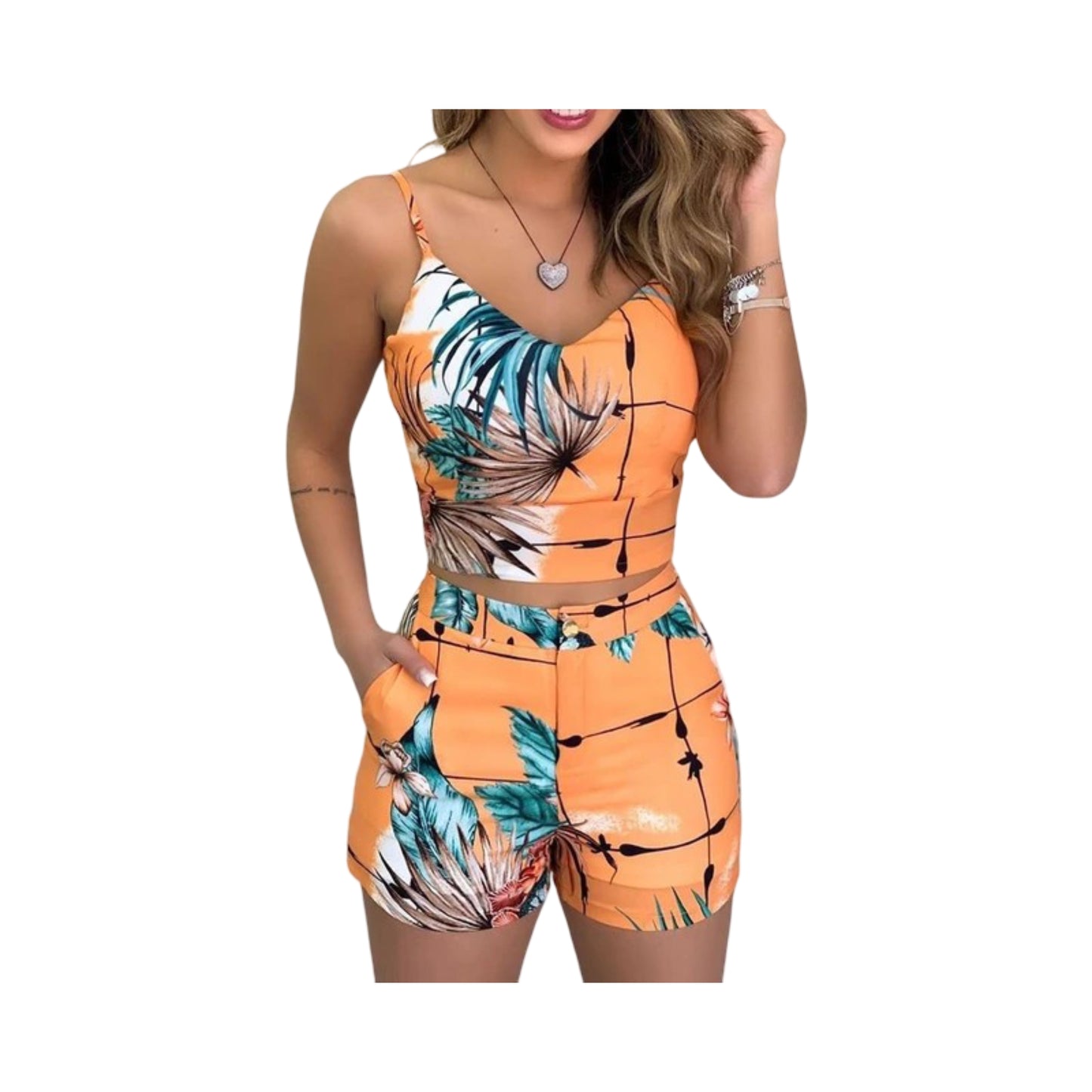 Two-piece Women Tropical Print Suspender Top & Shorts Set