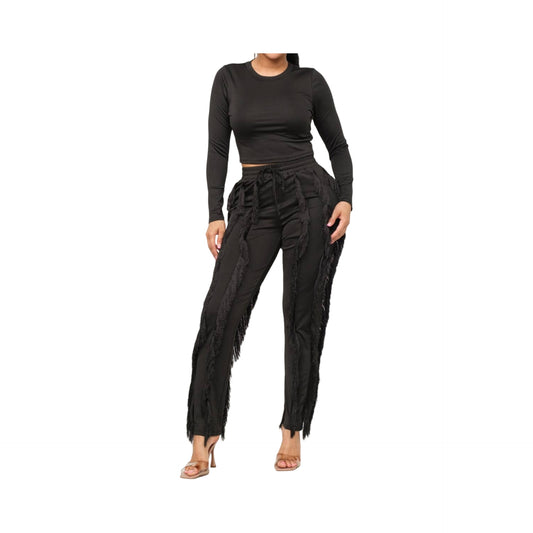 Solid Round Neck Top & Fringes Detail Pants Set