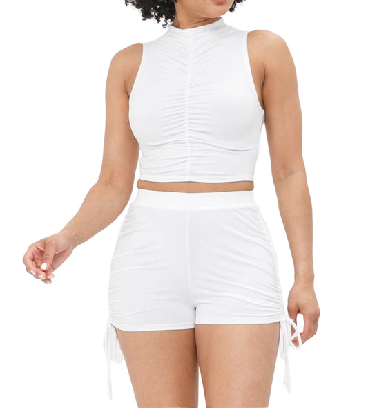 Shirring Sleeveless Top & Side Shirring String Shorts Set