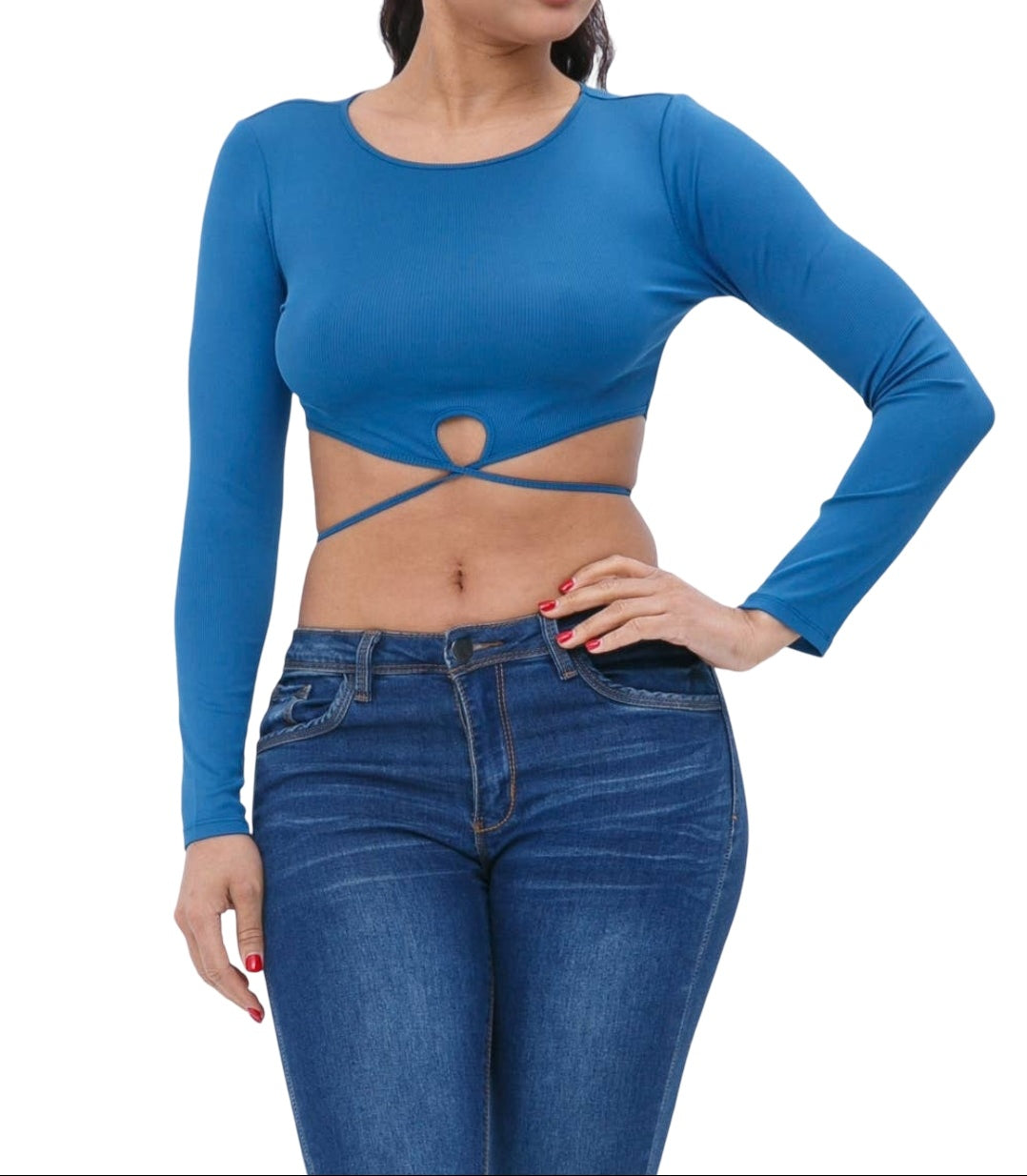 Rib Back Tie Detail Solid Long sleeve Crop Top