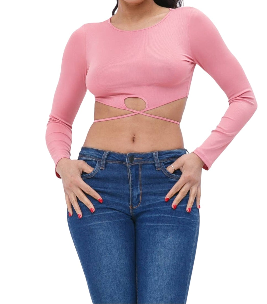 Rib Back Tie Detail Solid Long sleeve Crop Top