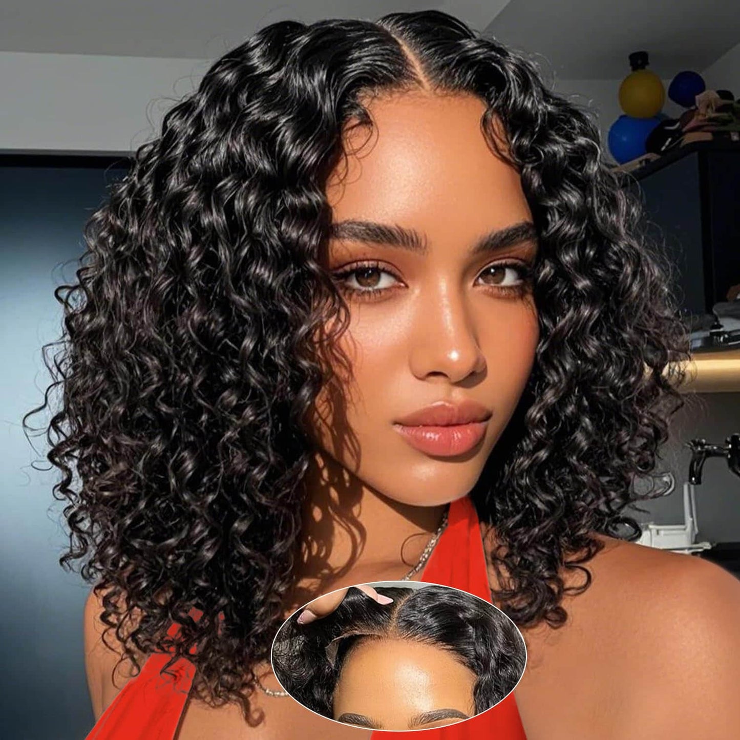 StariaHair 5"x5" Curly Bob Wig Transparent Lace Closure Wig #1B