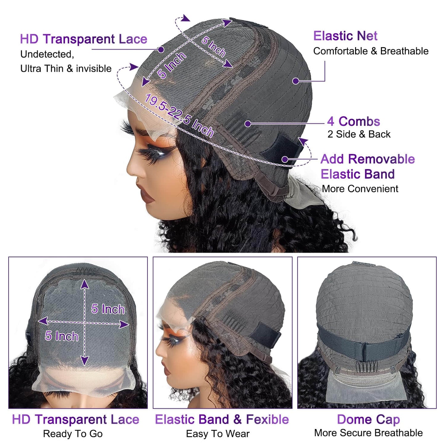 StariaHair 5"x5" Curly Bob Wig Transparent Lace Closure Wig #1B