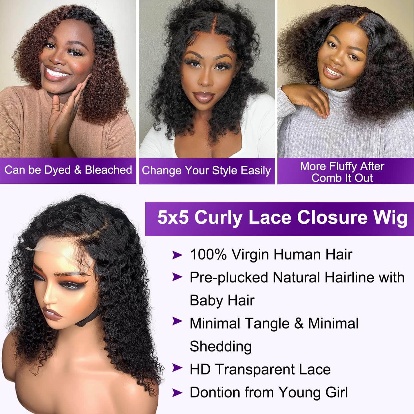 StariaHair 5"x5" Curly Bob Wig Transparent Lace Closure Wig #1B