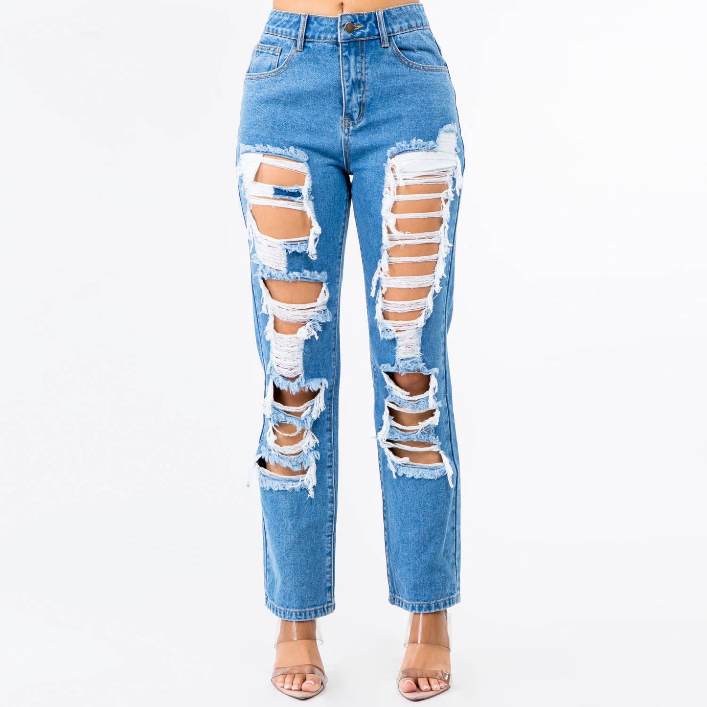 HIGH WAIST DISTRESSED STRAIGHT JEANS-RJH30315