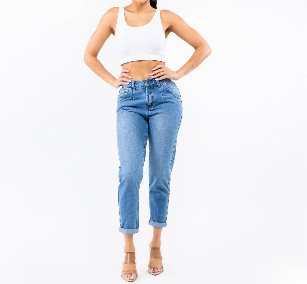 HIGH WAIST PLEATED WAIST MOM JEANS-RJH30305