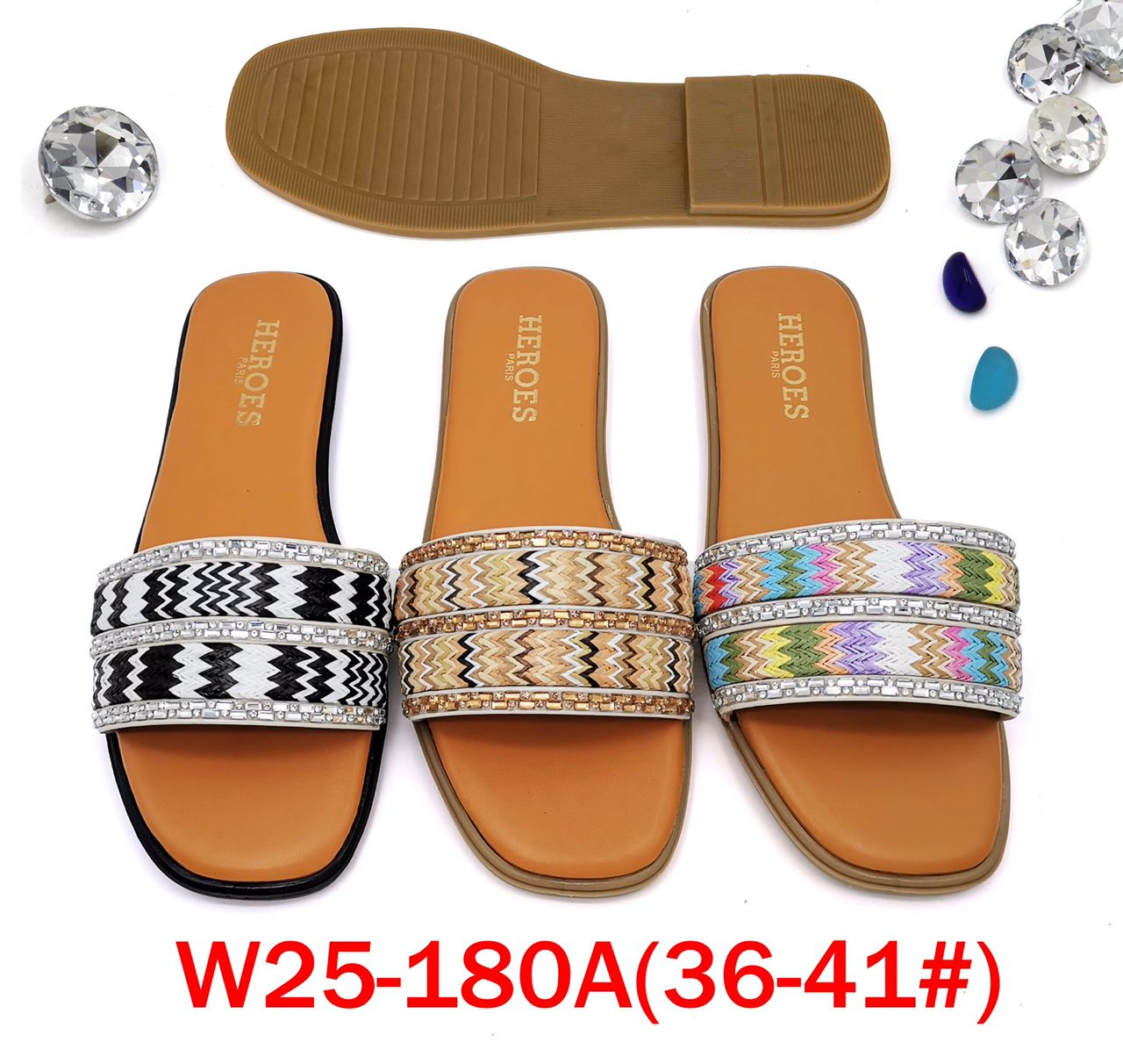 Women's Sparkling Rhinestone Flat Sandals Leather Open Toe Single Band Slide Sandals