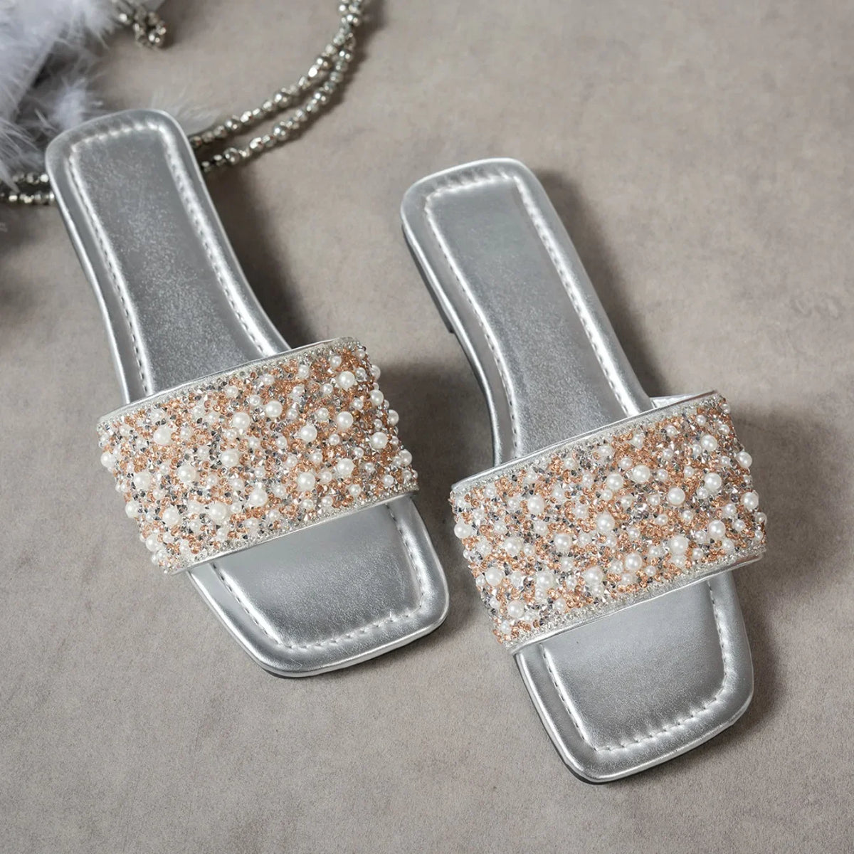 Women’s Rhinestone Flat Sandals, Elegant Crystal Slides
