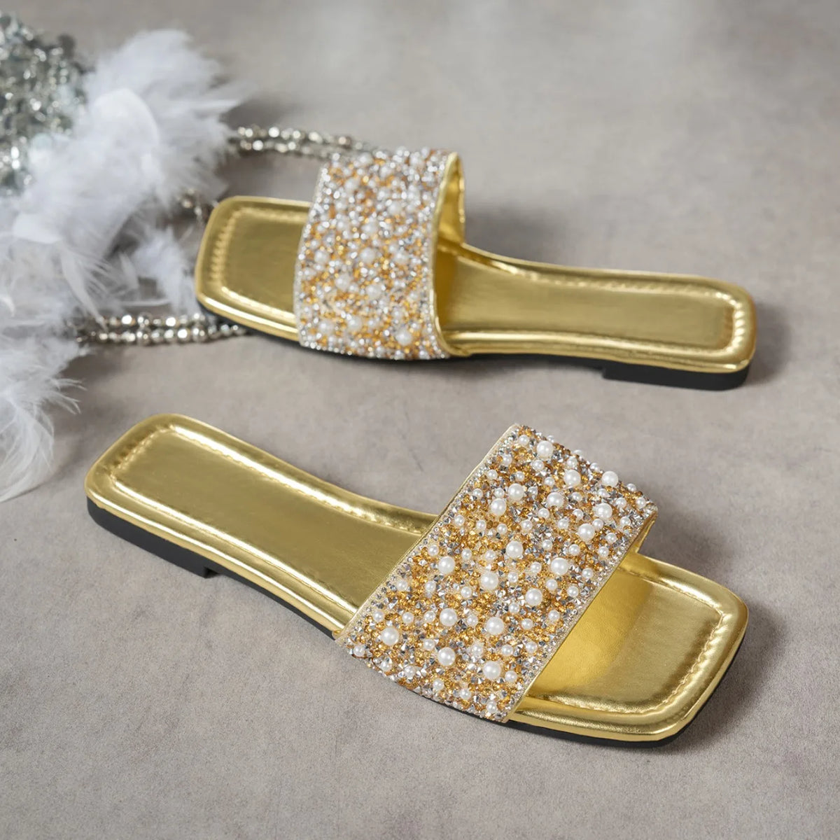 Women’s Rhinestone Flat Sandals, Elegant Crystal Slides