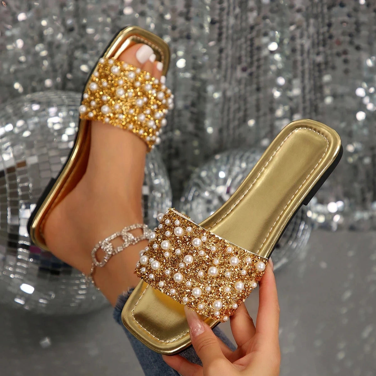 Women’s Rhinestone Flat Sandals, Elegant Crystal Slides