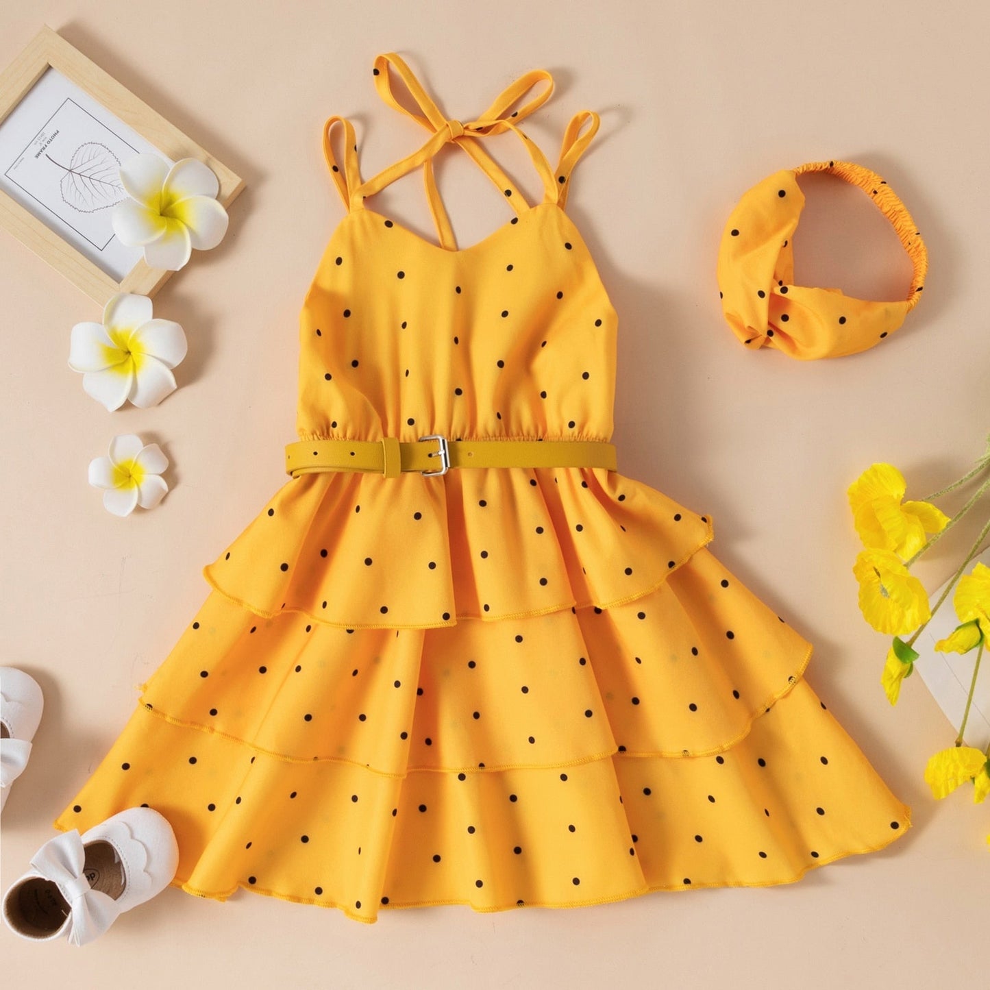 Elegant Little Girl Summer Dress with Wast belt Headband