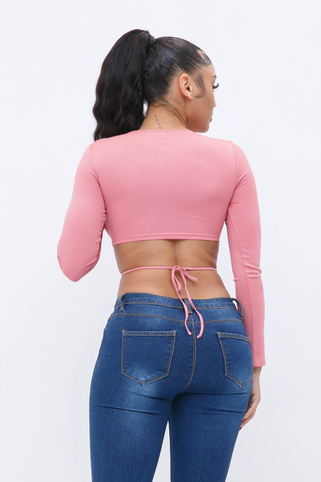 Rib Back Tie Detail Solid Long sleeve Crop Top