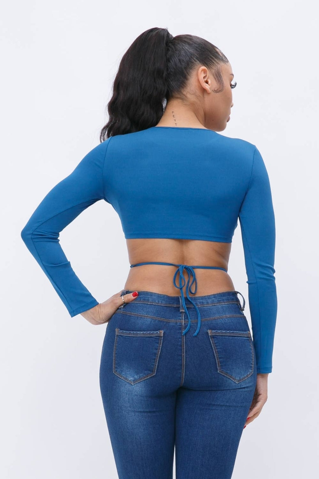 Rib Back Tie Detail Solid Long sleeve Crop Top