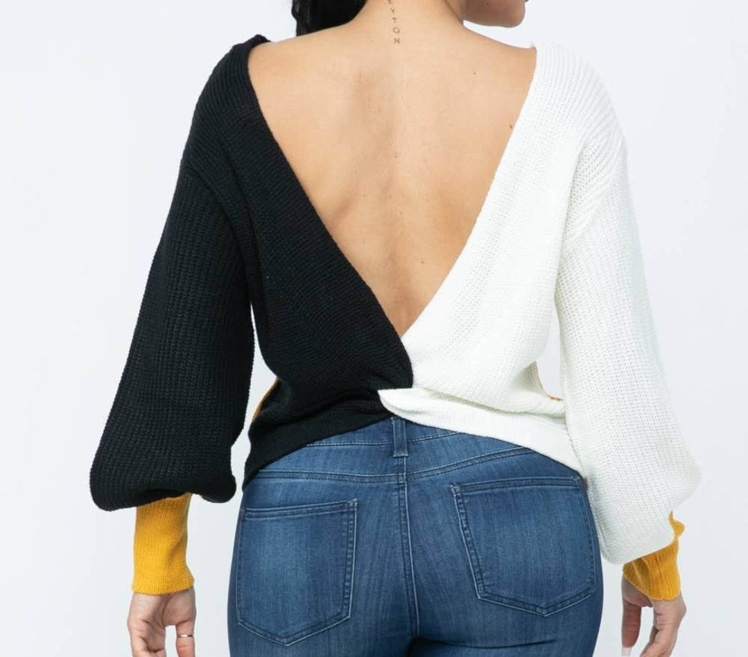 Color Block Twisted Open Back Loose Fit Cozy Sweater