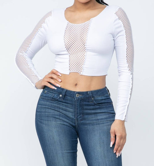 Front & Sleeve Fishnet Contrast Long Sleeve Crop Top