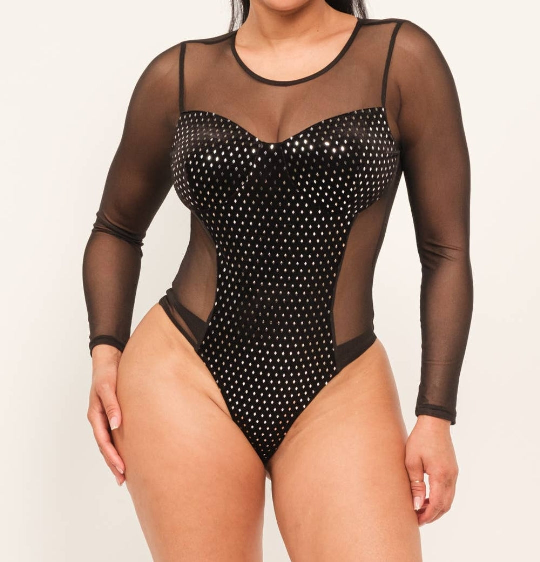 Mesh Front Contrast Sequins Velvet Bodysuit