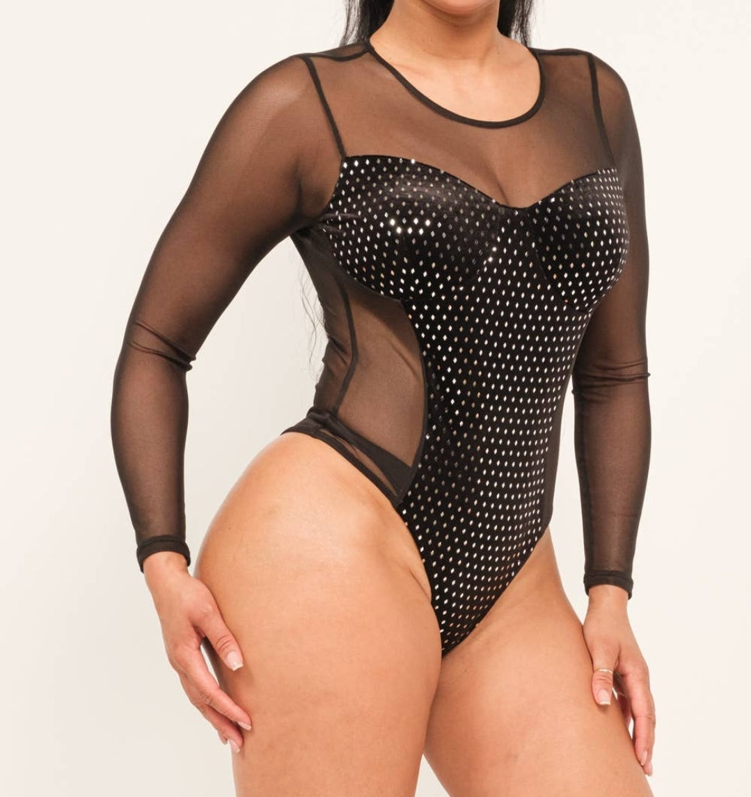 Mesh Front Contrast Sequins Velvet Bodysuit