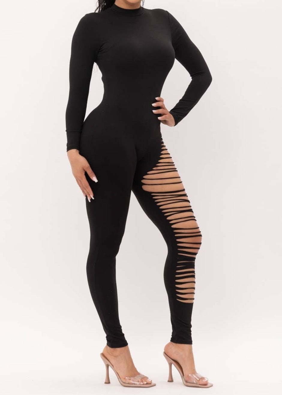 Mock Neck One Leg Laser Cut Back Zipper Jumpsuit