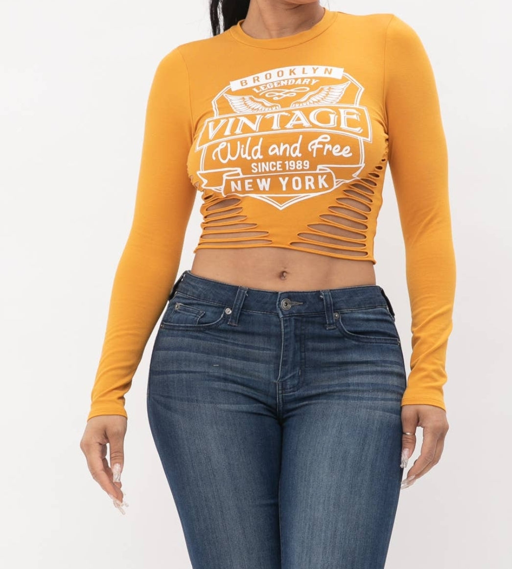 Screen Print Side Laser Cut Long Sleeve Crop Top