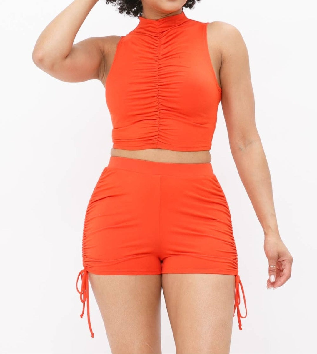 Shirring Sleeveless Top & Side Shirring String Shorts Set