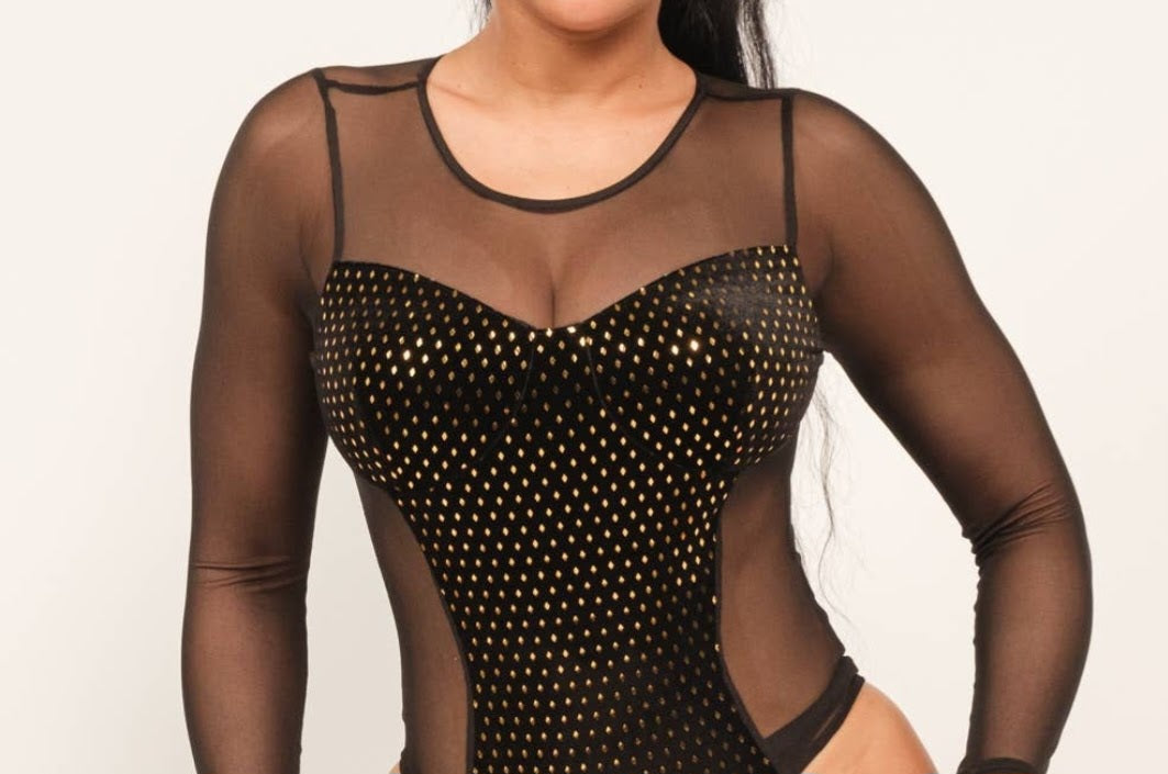 Mesh Front Contrast Sequins Velvet Bodysuit