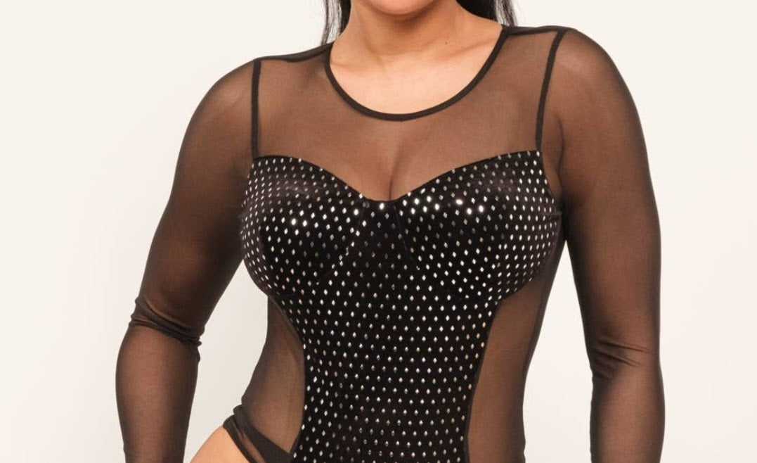 Mesh Front Contrast Sequins Velvet Bodysuit