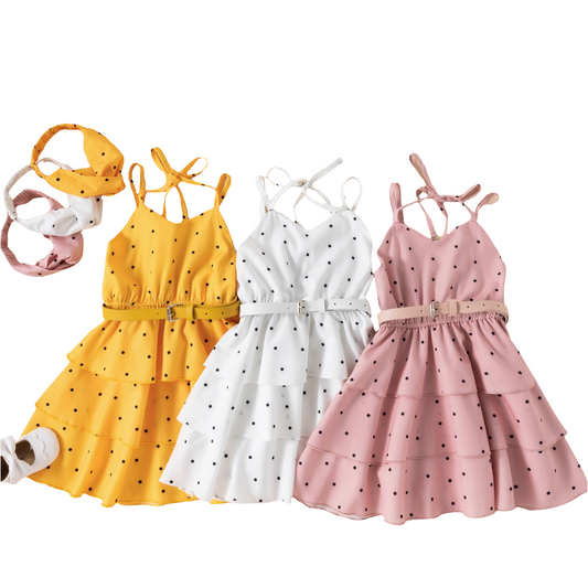 Elegant Little Girl Summer Dress with Wast belt Headband