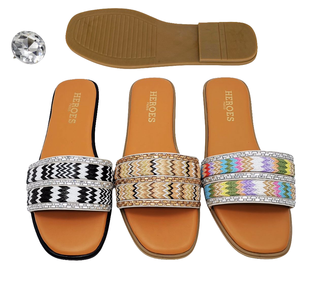 Women's Sparkling Rhinestone Flat Sandals Leather Open Toe Single Band Slide Sandals