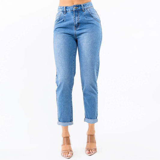 HIGH WAIST PLEATED WAIST MOM JEANS-RJH30305