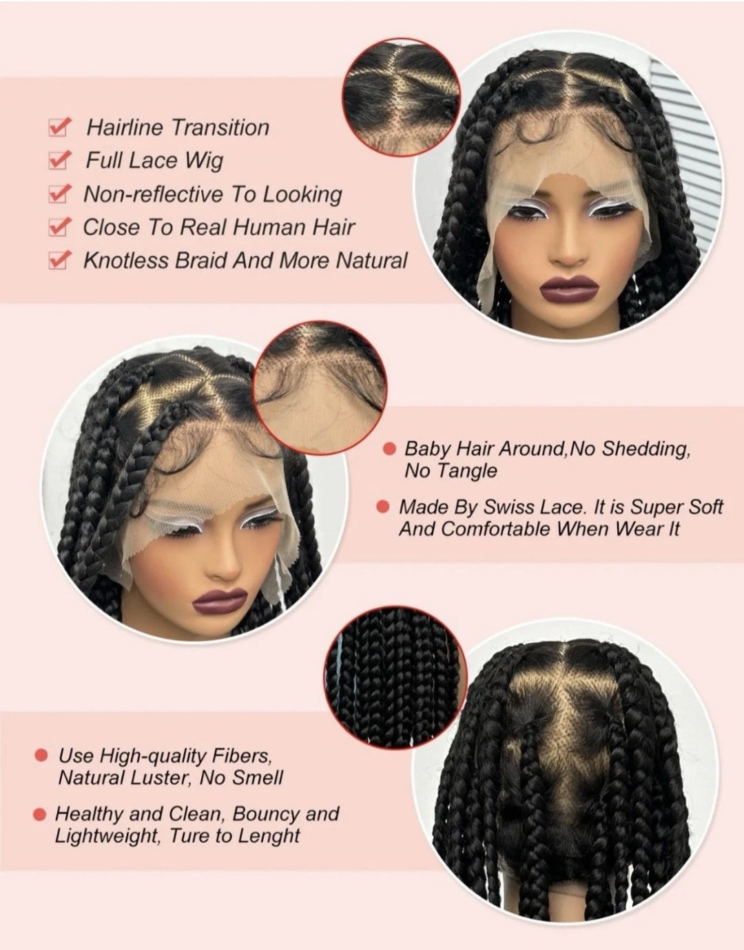 Full Lace Knotless Braided Wig 36in Black Synthetic with Baby Hair