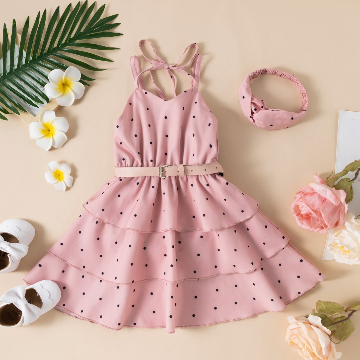 Elegant Little Girl Summer Dress with Wast belt Headband