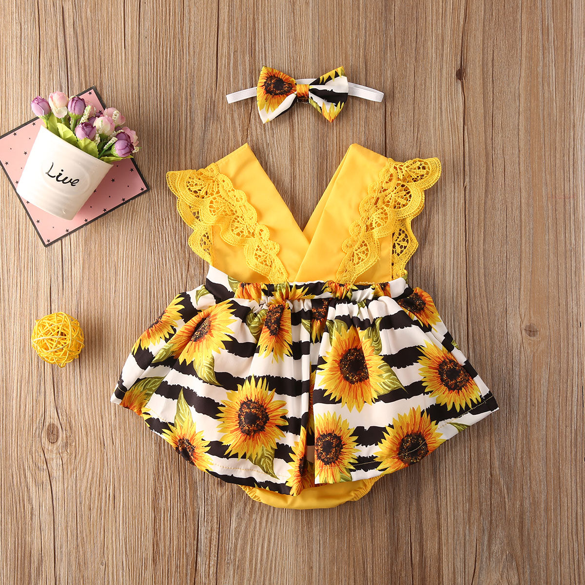 Sunflower Baby Summer Sleeveless Sunsuit with Headband