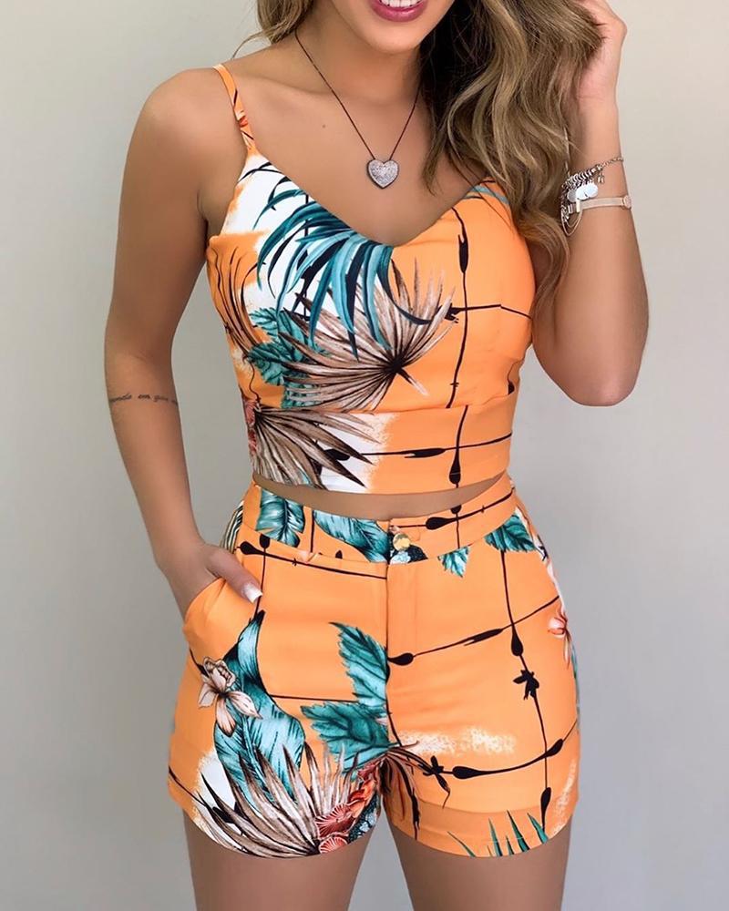 Two-piece Women Tropical Print Suspender Top & Shorts Set